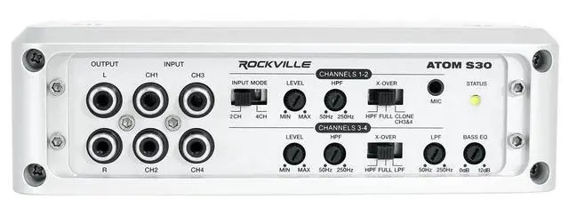 Alt view image 4 of 6 - Atom S30 4-Channel Marine Boat Amplifier with RMWK4 V2 Wire Kit | 2400W Peak / 600W RMS, Class A/B, Built-In Volt Meter, PA Microphone, 12dB Bass EQ, MRCA25 25' RCA Cable, Boat, 3-items