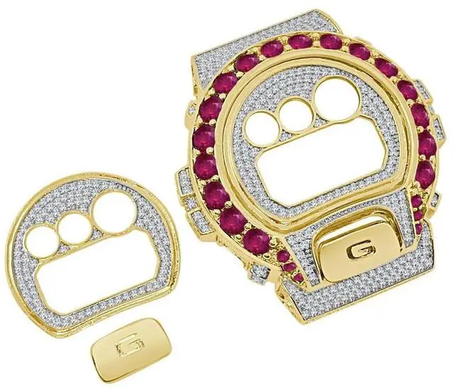 Main image of VVS1/D Solitaire Zirconia Diamond 14K Gold Tone Compatible with Casio G-Shock DW6900 Watch Bezel +Face Plate +G Button Cover Case 3 Piece Set