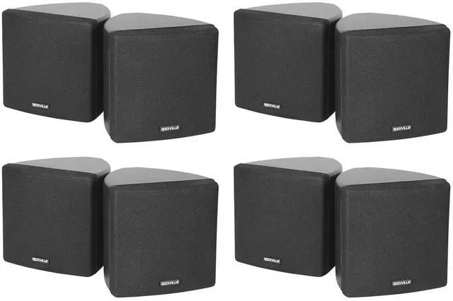 Main image of Cube Black 3.5" 2-Way 8-Ohm Home Theater Wall Speakers, 8-Pack | 150W Peak / 60W RMS, 0.5" PEI Tweeter, 360° Swivel Wall Mount Brackets, Euro Block Terminals, ABS Cabinet, Shielded Grill