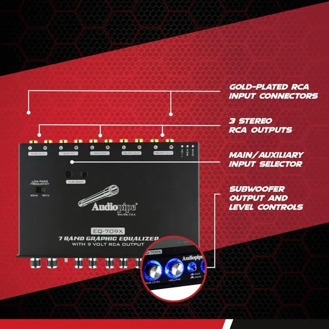 Alt view image 3 of 6 - EQ-709X 7 Band 9 Volt Universal Half DIN Graphic Car Audio Equalizer for Car Stereo Sound System Subwoofer Speakers (2 Pack)