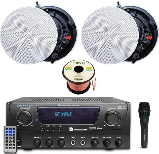 Main image of Home Audio Sound System Kit - 1000 W Bluetooth Amplifier w/ 2 Qty of 8" Frameless Ceiling Speakers 300 W Each, Mic, 50 ft Speaker Wire & Remote Perfect for Home, Office, Restaurant, Bar
