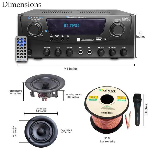 Alt view image 2 of 6 - Home Audio Sound System Kit - 1000 W Bluetooth Amplifier w/ 2 Qty of 8" Frameless Ceiling Speakers 300 W Each, Mic, 50 ft Speaker Wire & Remote Perfect for Home, Office, Restaurant, Bar
