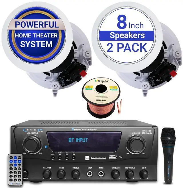 Main image of Home Audio Sound System Kit, 1000 W Bluetooth Amplifier | w/ 2 Qty of 8" Framed Ceiling Speakers 300 W Each, Mic, 50 ft Speaker Wire & Remote Perfect for Home, Office, Restaurant, Bar