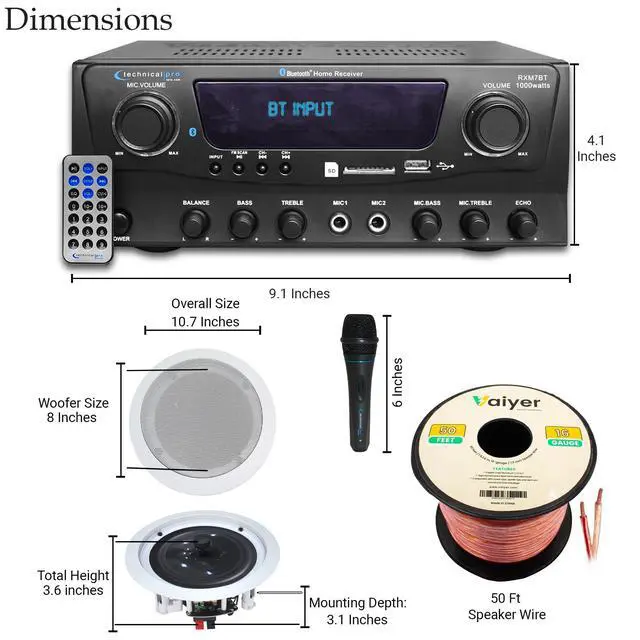 Alt view image 2 of 6 - Home Audio Sound System Kit, 1000 W Bluetooth Amplifier | w/ 2 Qty of 8" Framed Ceiling Speakers 300 W Each, Mic, 50 ft Speaker Wire & Remote Perfect for Home, Office, Restaurant, Bar