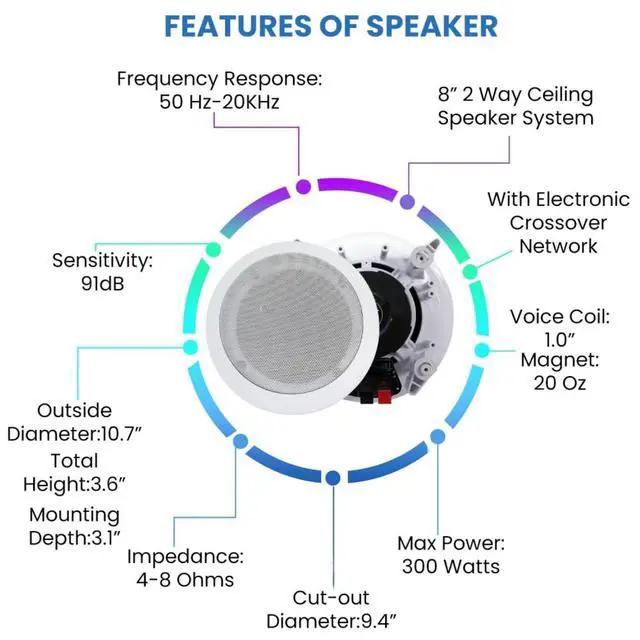 Alt view image 5 of 6 - Home Audio Sound System Kit, 1000 W Bluetooth Amplifier | w/ 2 Qty of 8" Framed Ceiling Speakers 300 W Each, Mic, 50 ft Speaker Wire & Remote Perfect for Home, Office, Restaurant, Bar