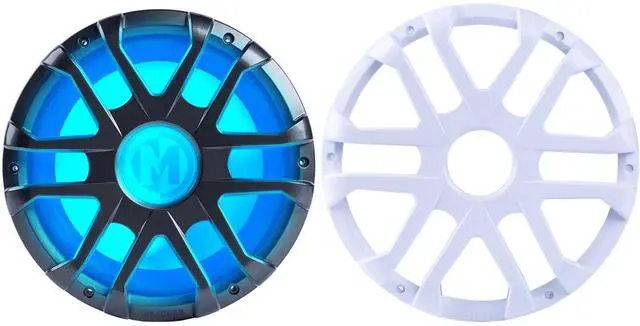 Main image of MM1224 12 in Marine Subwoofer Grill Bundle | 12 in marine subwoofer with integrated RGB LEDs and selectable 2 or 4 ohm impedance, plus white MXA12GW 12 in grill