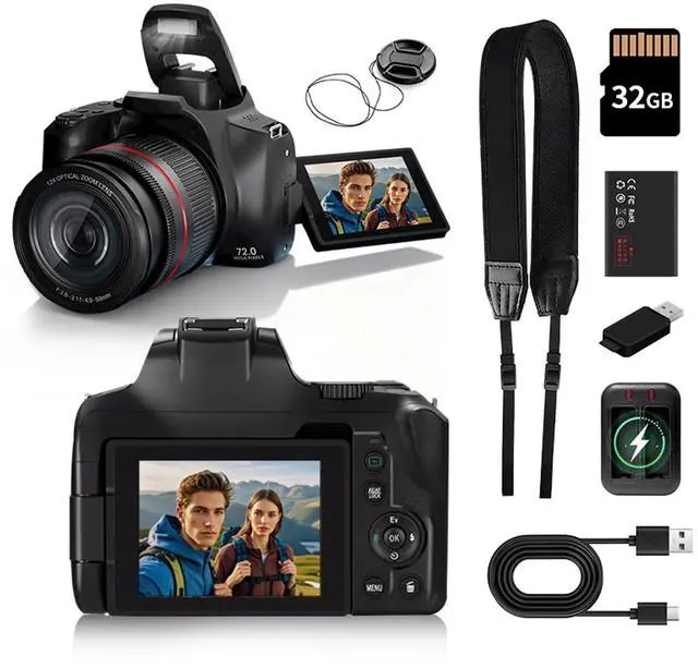 Main image of 4K Digital Cameras for Photography & Vlogging,72MP WiFi Touch Screen Vlogging Camera,4K Video Camera,12X Optical Zoom,with Flash,Anti-Shake, with Flash with 270°Flip Screen,2 Batteries,32GB Card