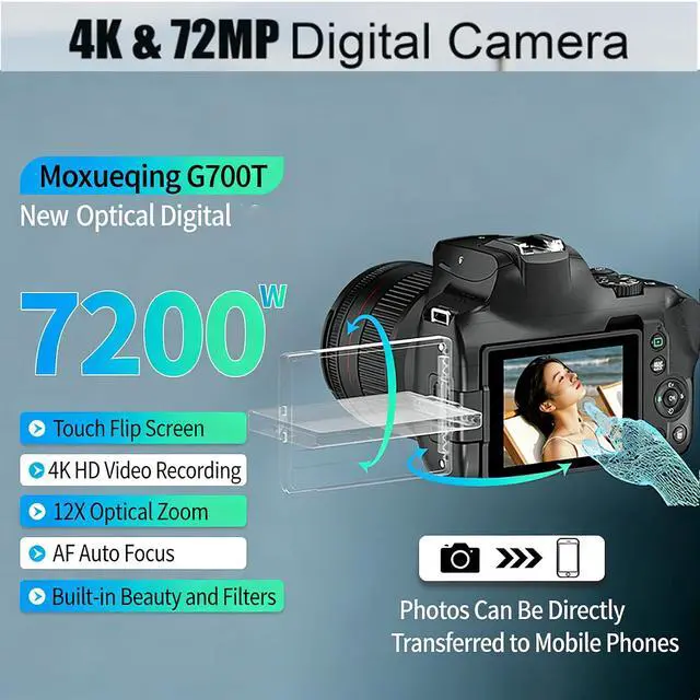 Alt view image 2 of 6 - 4K Digital Cameras for Photography & Vlogging,72MP WiFi Touch Screen Vlogging Camera,4K Video Camera,12X Optical Zoom,with Flash,Anti-Shake, with Flash with 270°Flip Screen,2 Batteries,32GB Card