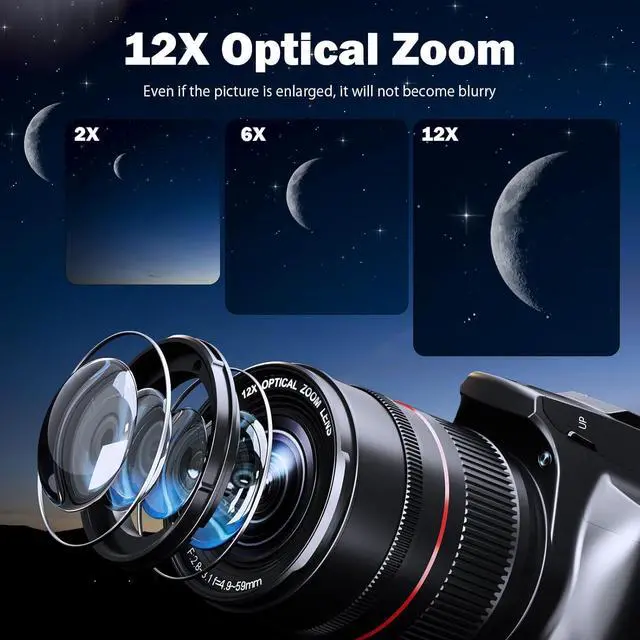 Alt view image 4 of 6 - 4K Digital Cameras for Photography & Vlogging,72MP WiFi Touch Screen Vlogging Camera,4K Video Camera,12X Optical Zoom,with Flash,Anti-Shake, with Flash with 270°Flip Screen,2 Batteries,32GB Card