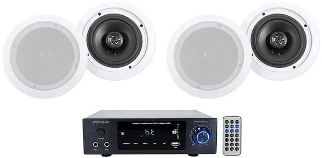 Main image of BLUAMP 150 Stereo Bluetooth Amplifier with 4 HC655 6.5" Speakers | 600W Peak/150W RMS Class-D Amp, Bluetooth/Optical/Phono/RCA/Mic Inputs with Echo, 8 Ohm In-Ceiling Speaker, For Home, 5-Items