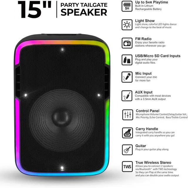 Alt view image 3 of 6 - IQ Sound IQ-4715DJBT 15-inch Portable Bluetooth Speaker w/ True Wireless Stereo, LED Light Show, FM Radio, Tripod, Mic, SD/USB/AUX/Mic Input, Rechargeable Battery, EQ Controls, 80W Power, Carry Handle