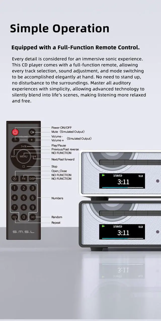 Alt view image 6 of 6 - SMSL PL100 PRO Multi-Function CD Player 2X CS43131 High-End DAC Chips Supports Lossless MQA Playback with Remote Control (Black)