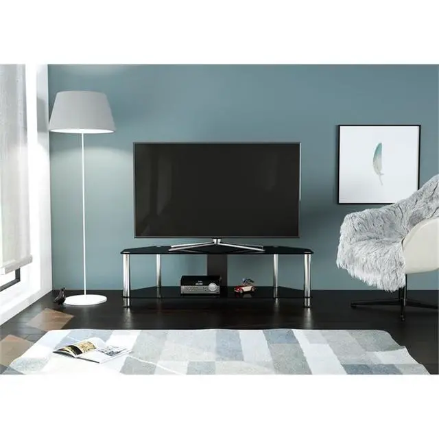 Alt view image 2 of 6 - Black Glass TV Stand with Chrome Legs, Cable Management and Two Lower Glass Shelves, for TVs up to 65 Inch and 132 lbs, 44 lb Shelf Capacity, SDC1400CM-A