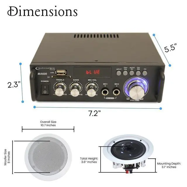 Alt view image 2 of 6 - Home Theater System Kit 2 ch, 600 Watts Bluetooth Amplifier | w/ 2 Qty of 8" Framed Ceiling Speakers 300 W Each, 50 ft Speaker Wire & Remote Perfect for Home, Restaurant Use