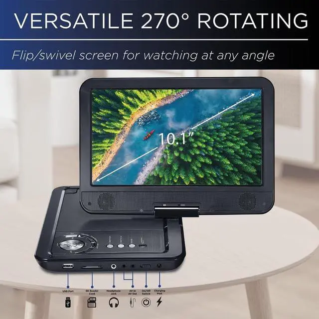 Alt view image 3 of 6 - Portable DVD Player 10.1 5-Hour Built-in Rechargeable Battery, 9" Swivel Screen,Built in USB and SD/SDHC Memory Card Slots Remote Control, 3.5 mm Headphone Jack, AC Adapter Car Adapter