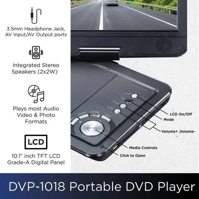Alt view image 4 of 6 - Portable DVD Player 10.1 5-Hour Built-in Rechargeable Battery, 9" Swivel Screen,Built in USB and SD/SDHC Memory Card Slots Remote Control, 3.5 mm Headphone Jack, AC Adapter Car Adapter