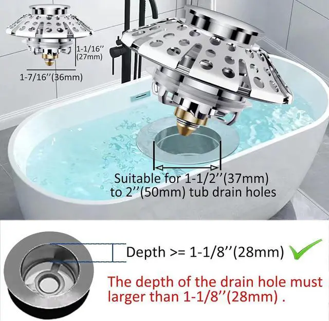 Alt view image 4 of 7 - AzWzz Universal Tub Stopper Bathtub Drain Plug, Pop Up Tub Drain Hair Catcher, Drain Cover with Strainer, for 1-3/8 to 2in Bath Drain Hole