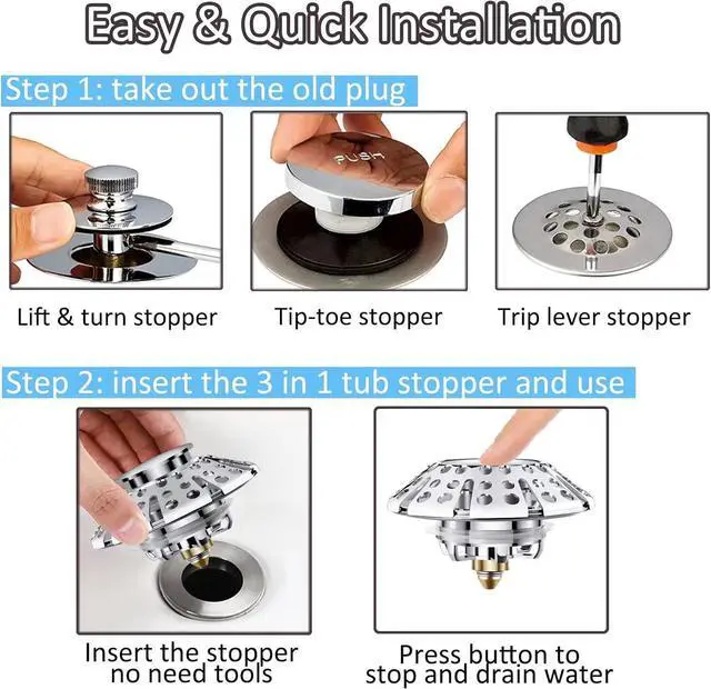Alt view image 3 of 7 - AzWzz Universal Tub Stopper Bathtub Drain Plug, Pop Up Tub Drain Hair Catcher, Drain Cover with Strainer, for 1-3/8 to 2in Bath Drain Hole