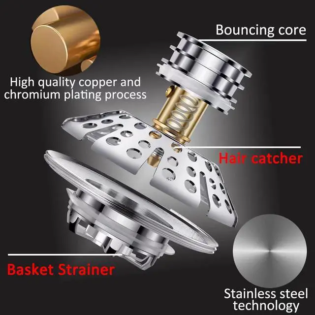 Alt view image 6 of 7 - AzWzz Universal Tub Stopper Bathtub Drain Plug, Pop Up Tub Drain Hair Catcher, Drain Cover with Strainer, for 1-3/8 to 2in Bath Drain Hole