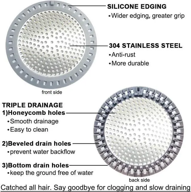 Alt view image 3 of 6 - Seatery 2PCS Shower Drain Hair Catcher, Shower Drain Strainer, Stainless Steel with Silicone Edging, 4.75 Inch Diameter