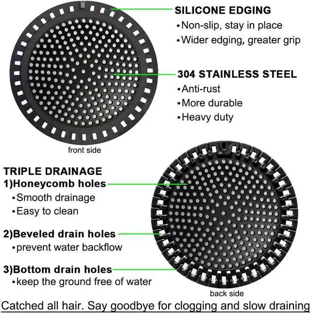 Alt view image 5 of 7 - Seatery 2PCS Shower Hair Drain Catcher/Strainer/Cover/Filter/Trap, Hair Stopper Floor Drain, Stainless Steel with Silicone Edge Drain Protector, Black, 4.75 Inch Diameter