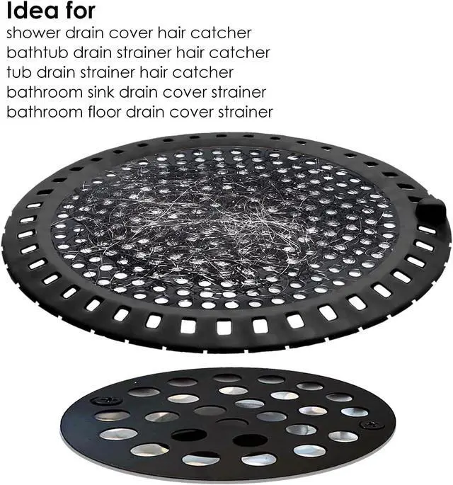 Alt view image 6 of 7 - Seatery 2PCS Shower Hair Drain Catcher/Strainer/Cover/Filter/Trap, Hair Stopper Floor Drain, Stainless Steel with Silicone Edge Drain Protector, Black, 4.75 Inch Diameter