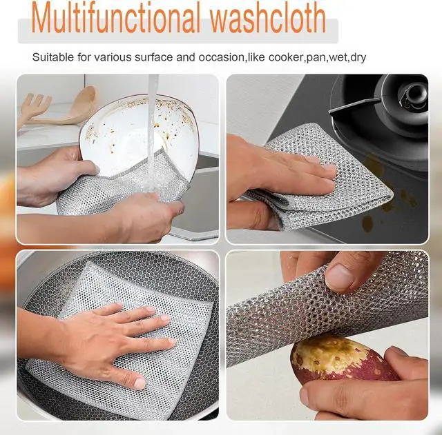 Alt view image 7 of 7 - 10pcs Double Layer Multifunctional Non-Scratch Wire Dishcloth, Multipurpose Wire Dishwashing Rags, Silver, Nylon/Polyester