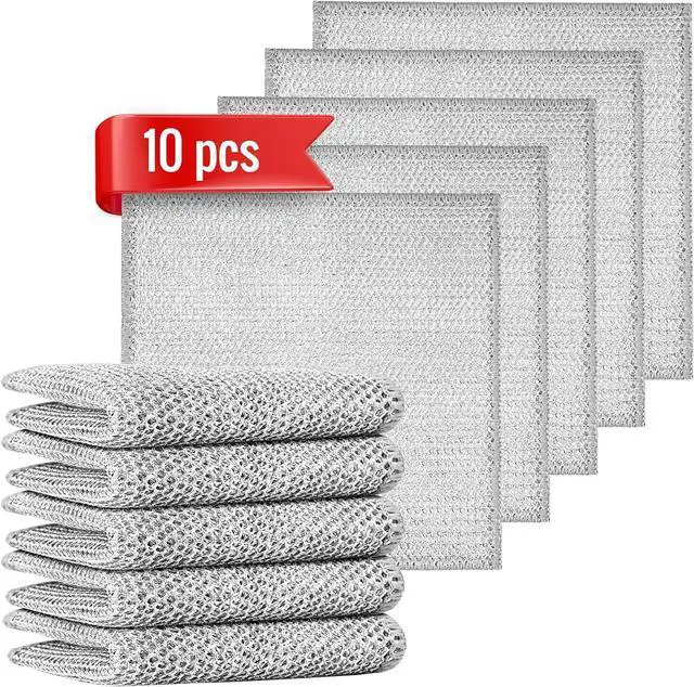 Main image of 10pcs Double Layer Multifunctional Non-Scratch Wire Dishcloth, Multipurpose Wire Dishwashing Rags, Silver, Nylon/Polyester