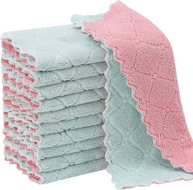 Main image of Rachan 11Pack Kitchen Dish Cloths, Reusable Dish Towels, Nonstick Oil Washable Fast Drying, Super Absorbent Coral Velvet Cleaning Cloths for Cleaning Tableware, Kitchen, Bathroom (Pink-green10 x 6")