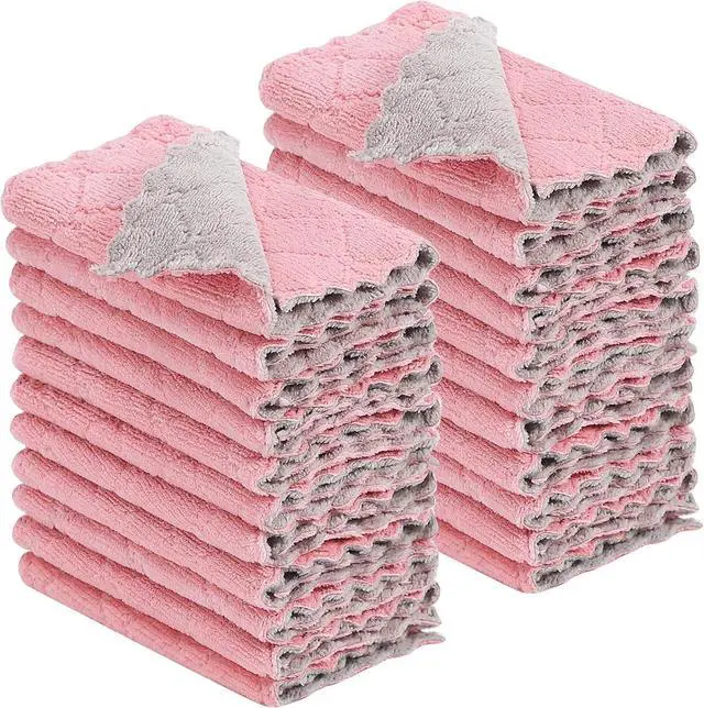 Main image of Rachan 22 Pack Kitchen Dish Cloths, Reusable Dish Towels, Nonstick Oil Washable Fast Drying, Super Absorbent Coral Velvet Cleaning Cloths for Cleaning Tableware, Kitchen, Bathroom (Pink-grey-10 x 6")