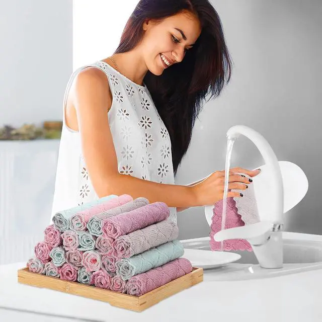 Alt view image 4 of 6 - 22 Pack Kitchen Dish Cloths, Reusable Dish Towels, Nonstick Oil Washable Fast Drying, Super Absorbent Coral Velvet Cleaning Cloths for Cleaning Tableware, Kitchen, Bathroom (Purple-grey10" x 6")