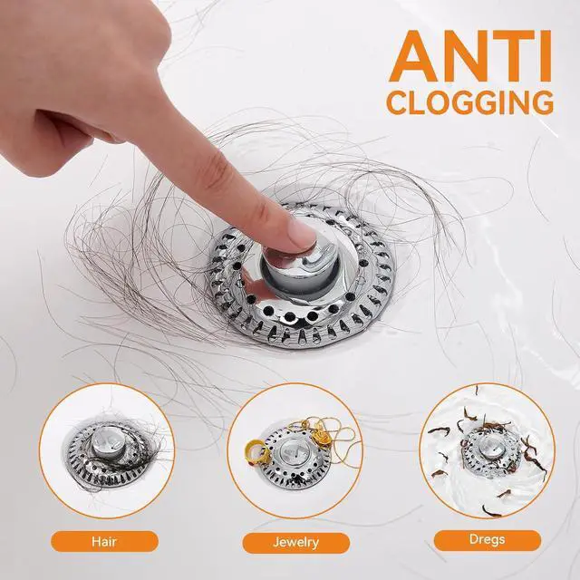 Alt view image 3 of 6 - Bathroom Sink Stopper for 1.06"-1.65" Drain Holes, 2 in 1 Bath Sink Drain Strainer Stopper, Pop Up Drain Cover Plug with Hair Catcher, Stainless Steel (Chrome Silver-1p)