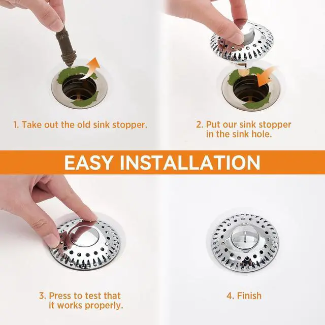 Alt view image 4 of 6 - Bathroom Sink Stopper for 1.06"-1.65" Drain Holes, 2 in 1 Bath Sink Drain Strainer Stopper, Pop Up Drain Cover Plug with Hair Catcher, Stainless Steel (Chrome Silver-1p)