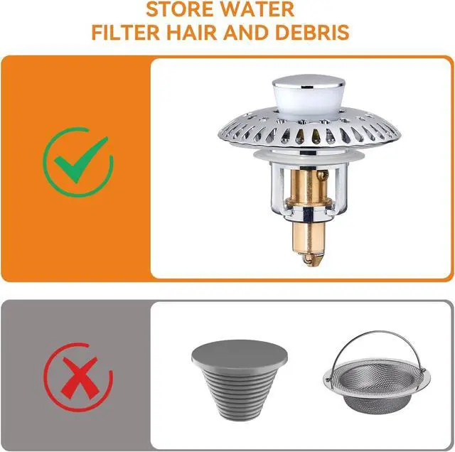 Alt view image 5 of 6 - Bathroom Sink Stopper for 1.06"-1.65" Drain Holes, 2 in 1 Bath Sink Drain Strainer Stopper, Pop Up Drain Cover Plug with Hair Catcher, Stainless Steel (Chrome Silver-1p)