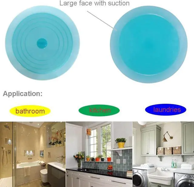 Alt view image 7 of 7 - V-TOP Tub Stopper 2 Pack, 6 inches Large Silicone Drain Plug Hair Stopper Flat Suction Cover for Kitchen Bathroom and Laundry (Blue Transparent)