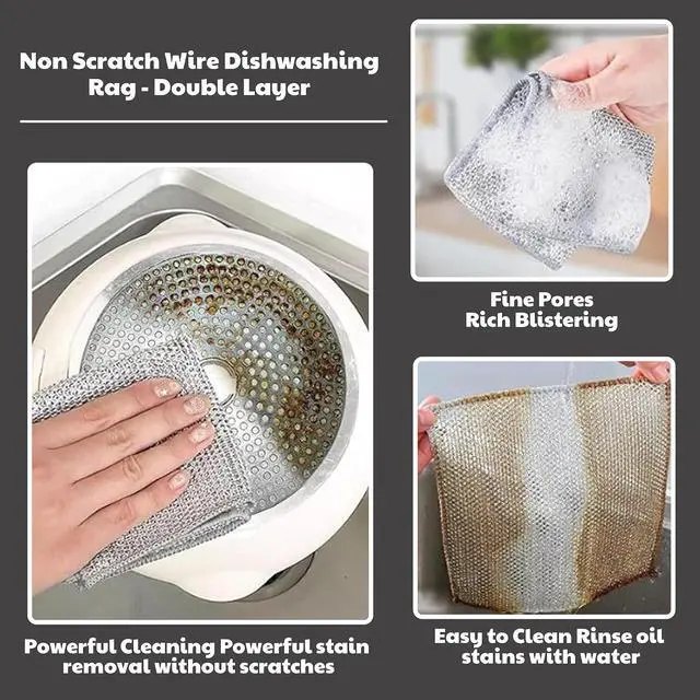 Alt view image 3 of 6 - CrafTreat Non Scratch Wire Dishwashing Rag, 10 Pack Double Layer Reusable Wire Dishcloth, Silver Mesh Metal Cleaning Cloth for Pots, Pans, Sink, Steel Cookware, Wet & Dry Cleaning
