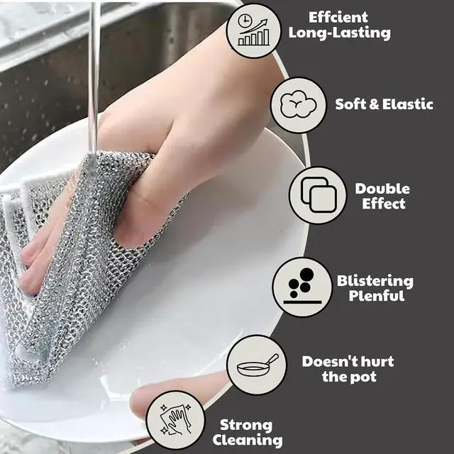Alt view image 4 of 6 - CrafTreat Non Scratch Wire Dishwashing Rag, 10 Pack Double Layer Reusable Wire Dishcloth, Silver Mesh Metal Cleaning Cloth for Pots, Pans, Sink, Steel Cookware, Wet & Dry Cleaning