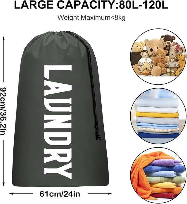 Alt view image 6 of 7 - Laundry Bag, Travel Laundry Bag Machine Washable Dirty Clothes Organizer, Large Enough to Hold 4 Loads of Laundry, Easy Fit a Laundry Hamper or Basket (Gray, 24" x 36")