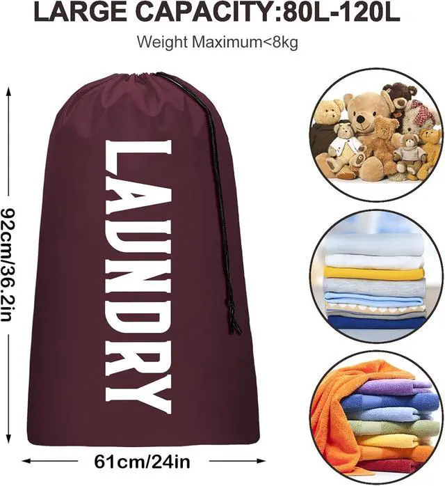 Alt view image 6 of 7 - Laundry Bag, Travel Laundry Bag Machine Washable Dirty Clothes Organizer, Large Enough to Hold 4 Loads of Laundry, Easy Fit a Laundry Hamper or Basket (Wine+Navy, 24" x 36")