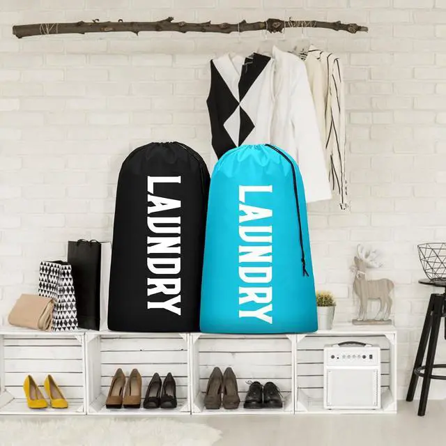 Alt view image 6 of 7 - 2 Pack XL Travel Laundry Bag, Machine Washable Dirty Clothes Organizer, Large Enough to Hold 4 Loads of Laundry, Easy Fit a Laundry Hamper or Basket (Blue + Black, 24" x 36")