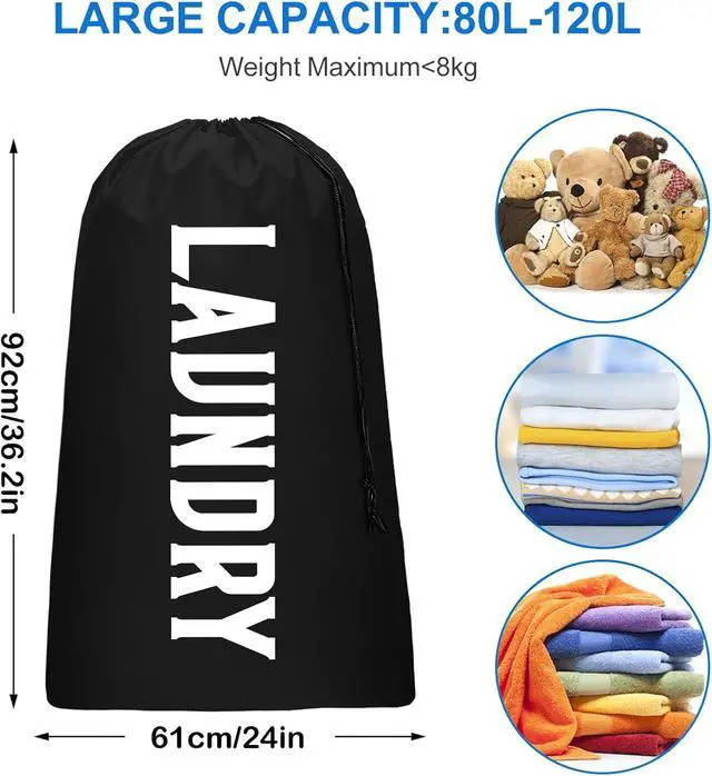 Alt view image 7 of 7 - 2 Pack XL Travel Laundry Bag, Machine Washable Dirty Clothes Organizer, Large Enough to Hold 4 Loads of Laundry, Easy Fit a Laundry Hamper or Basket (Blue + Black, 24" x 36")