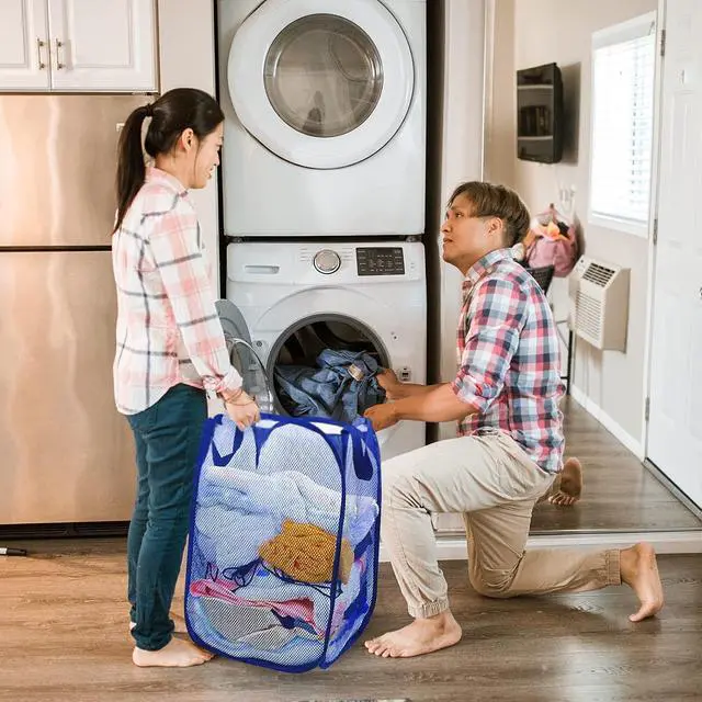 Alt view image 5 of 6 - Collapsible Pop Up Laundry Hamper, Extra Large Mesh Foldable Laundry Basket, 28" x 16" x 16" (Blue)