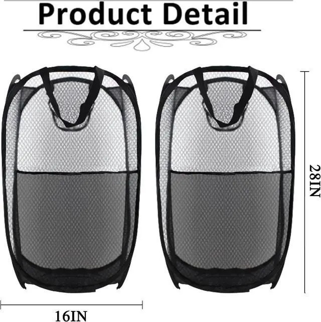Alt view image 2 of 6 - Collapsible Pop Up Laundry Hamper, Extra Large Mesh Foldable Laundry Basket Bag, 28" x 16" x 16", 2 Pack (Black)