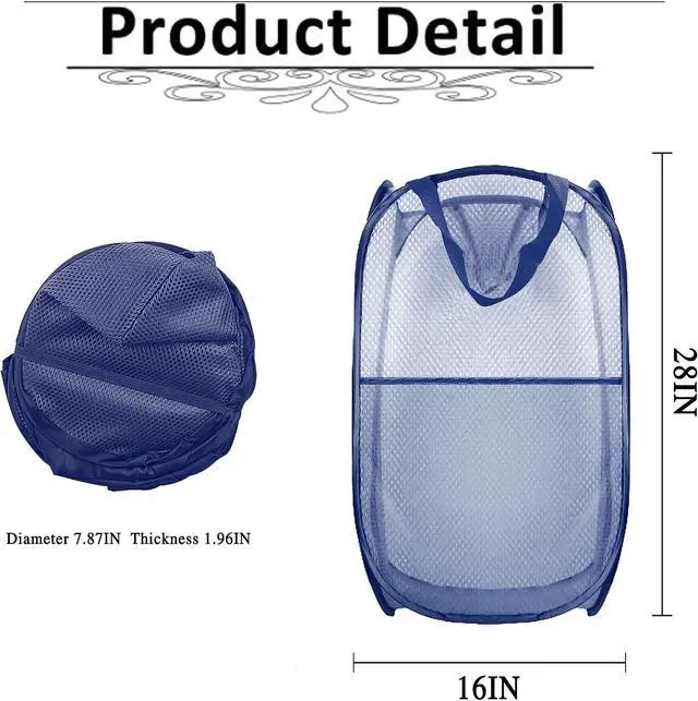Alt view image 2 of 6 - Collapsible Pop Up Laundry Hamper, Extra Large Mesh Foldable Laundry Basket, 28" x 16" x 16" (Blue)