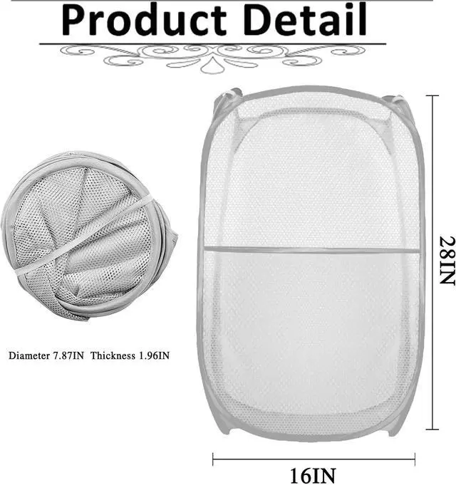 Alt view image 2 of 6 - Collapsible Pop Up Laundry Hamper, Extra Large Mesh Foldable Laundry Basket, 28" x 16" x 16" (Grey)
