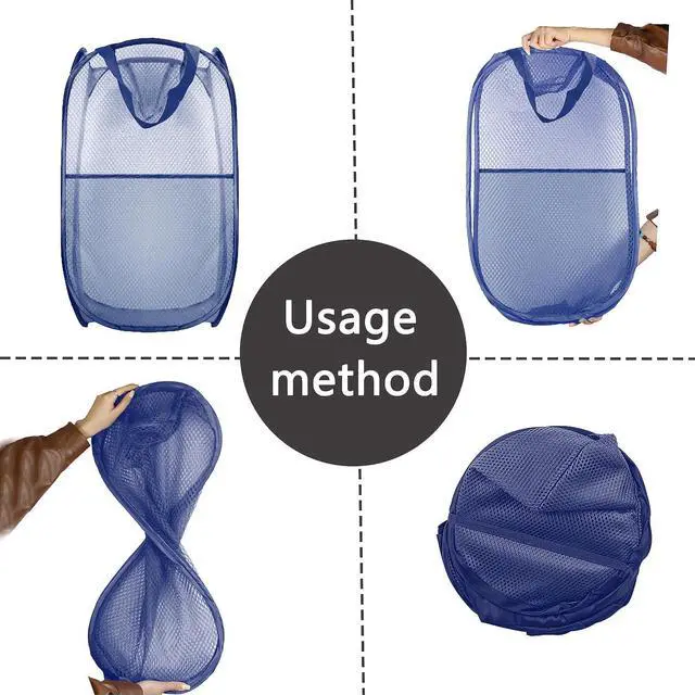 Alt view image 3 of 6 - Collapsible Pop Up Laundry Hamper, Extra Large Mesh Foldable Laundry Basket Bag, 28" x 16" x 16", 2 Pack (Black + Blue)