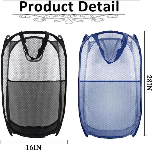 Alt view image 2 of 6 - Collapsible Pop Up Laundry Hamper, Extra Large Mesh Foldable Laundry Basket Bag, 28" x 16" x 16", 2 Pack (Black + Blue)