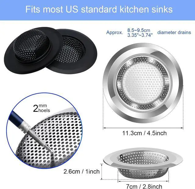 Alt view image 2 of 7 - Kitchen Sink Drain Strainer, 4 Pack Stainless Steel and Black Mesh Sink Strainer for Kitchen with Large Wide Rim 4.5" Diameter, Sink Filter Strainer with 3" Basket Sink Food Catcher