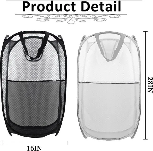 Alt view image 2 of 6 - Collapsible Pop Up Laundry Hamper, Extra Large Mesh Foldable Laundry Basket, 28" x 16" x 16", 2 Pack (Black + Grey)