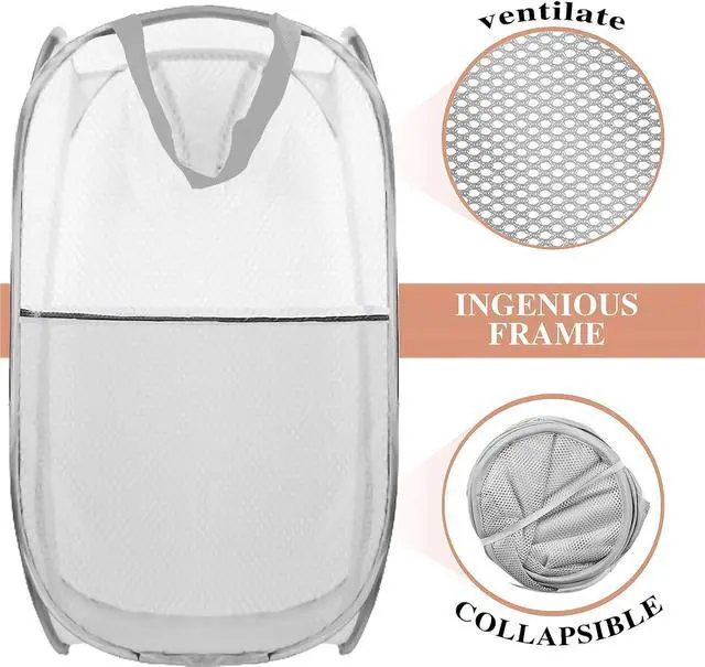 Alt view image 4 of 6 - Collapsible Pop Up Laundry Hamper, Extra Large Mesh Foldable Laundry Basket, 28" x 16" x 16", 2 Pack (Black + Grey)